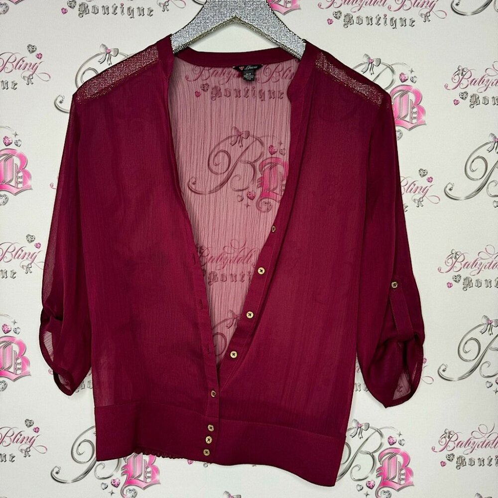Guess blouse button down with gold buttons and gold emblem, cinching sheer sexy